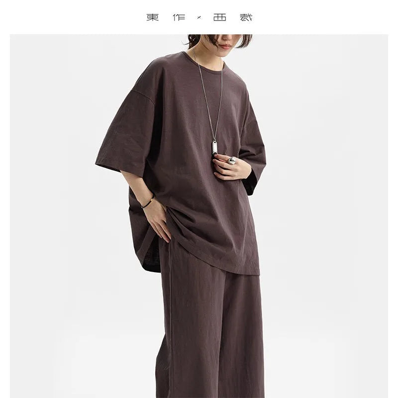 100% Slub Cotton~Women's Matching Sets Short-Sleeved T-Shirt and Flared Pants Two-Piece Loungewear Set 2026 Summer