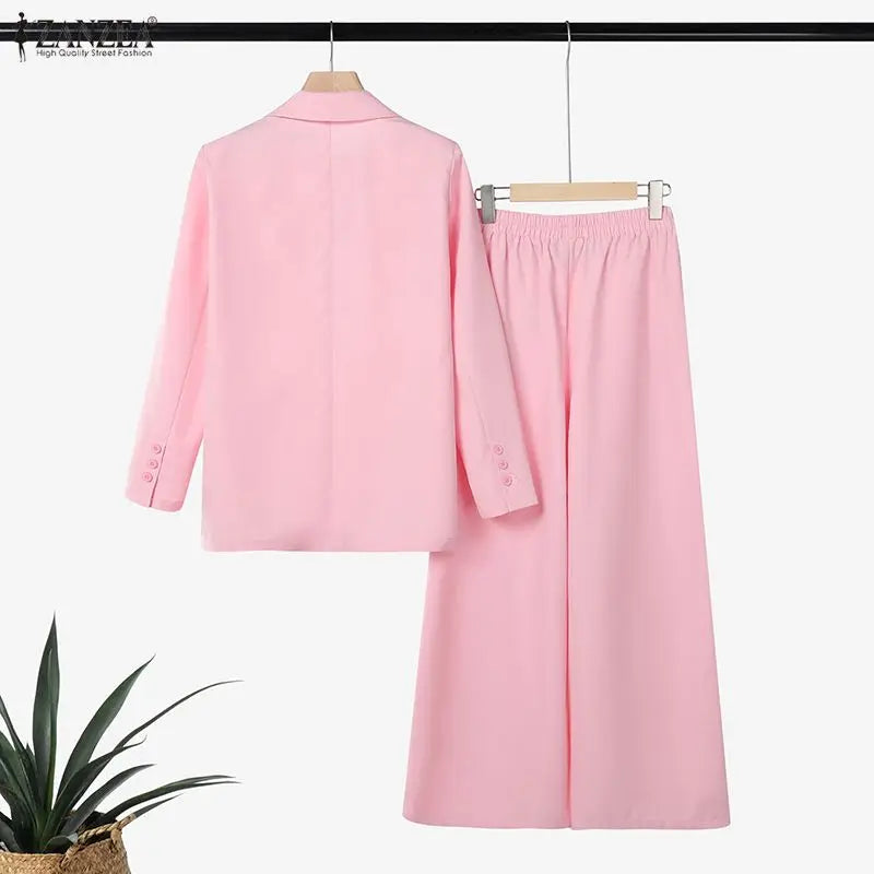 ZANZEA Women's Elegant Pant Suits Wide Leg Pant & Long Sleeve Blazer 2 Pieces Sets Woman Office Wear Casual Loose Outfits 3XL
