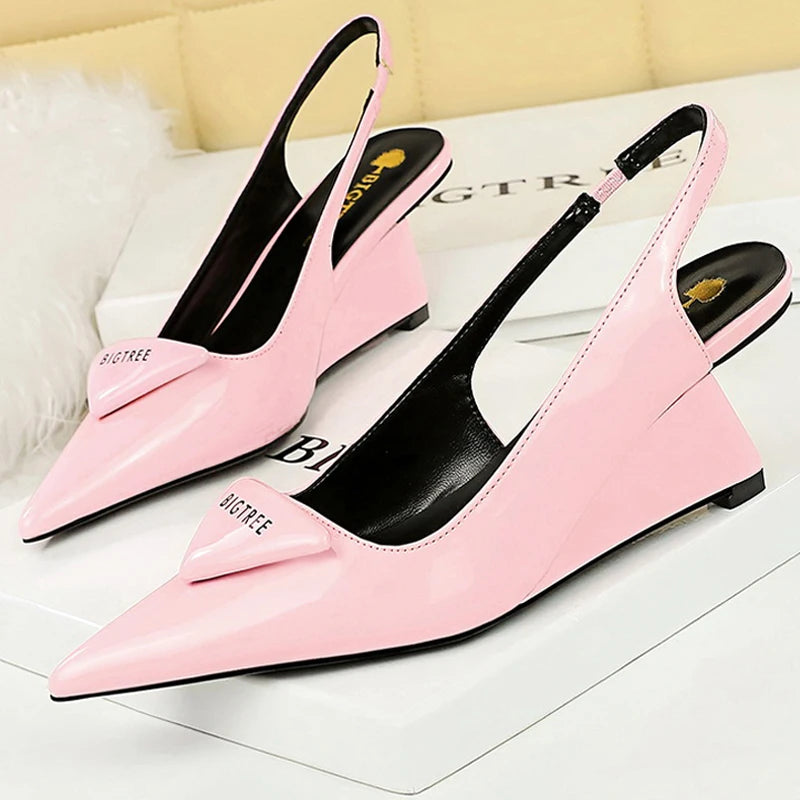 BIGTREE Shoes 2026 New Wedges Heels Women Patent Leather Woman Pumps Hollow Back Strap Women Sandals Elegant High Heels 6.5 Cm