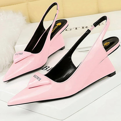 BIGTREE Shoes 2026 New Wedges Heels Women Patent Leather Woman Pumps Hollow Back Strap Women Sandals Elegant High Heels 6.5 Cm
