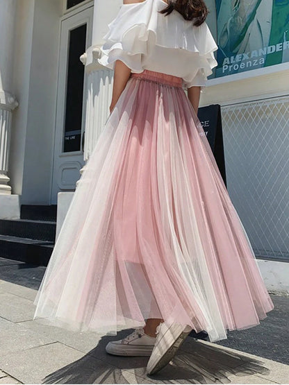 Hot Sale Summer Pleated Long Skirts A-line Elastic Waist Fairy Tiered Skirt Women 2 Layers Color Contrast Women's Skirts