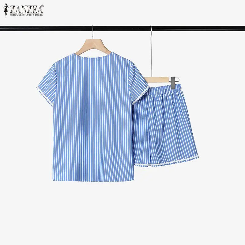 ZANZEA Women Casual Striped Short Suits Short Sleeve V-Neck Blouse & Elastic Waist Shorts 2 Pieces Sets Summer Loose Outfits