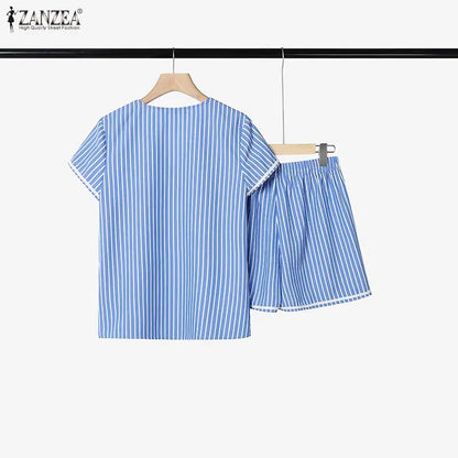 ZANZEA Women Casual Striped Short Suits Short Sleeve V-Neck Blouse & Elastic Waist Shorts 2 Pieces Sets Summer Loose Outfits