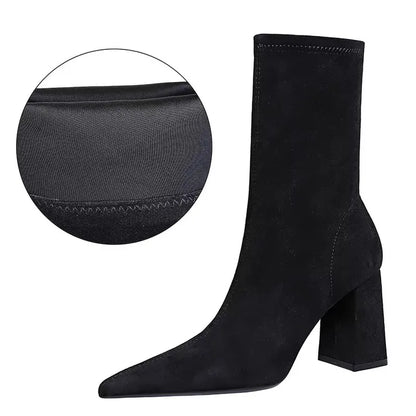 BIGTREE Shoes High Heel Boots Suede Women Ankle Boots Pointed Toe Socks Boots Thick Heel Women Shoes Warm Winter Boots Size 43