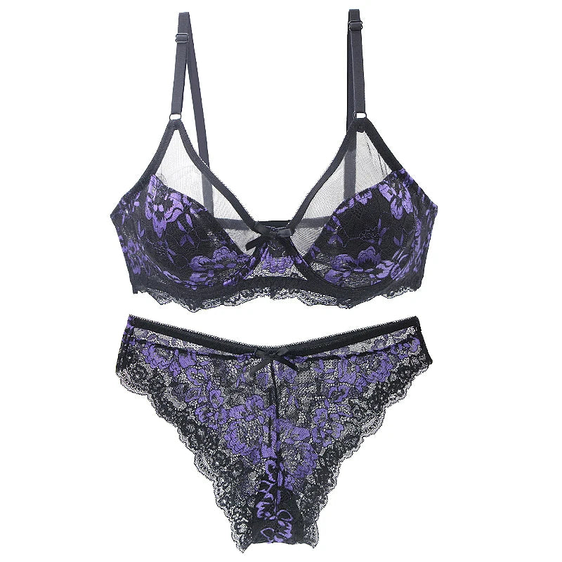 Ultra-Thin Thick Bra Sets 34/75 36/80 38/85 40/90 42/95 44/100 46/105 BCDE Cup Underwear Transparent Embroidery Lace Lingerie