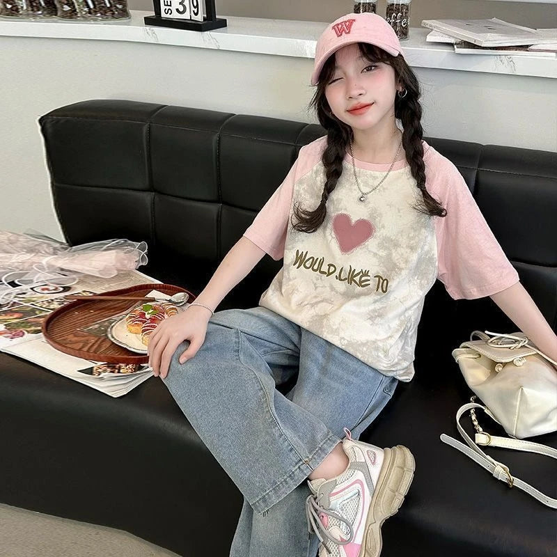 Big Girls Summer T-Shirt Raglan Sleeve Casual Tee Fresh Sweet Fashion Top New Arrival Short Sleeve for Kids Daily Outfit