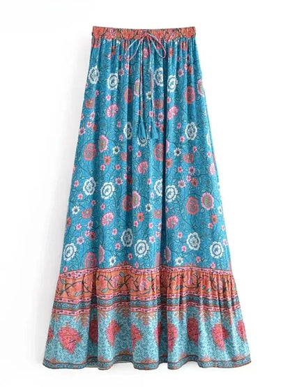 Vintage Chic Hippie Women Floral Print  Lace-up Tassel Beach Bohemian Skirt Lady Elastic Waist A-Line Vacation Boho Maxi Skirts