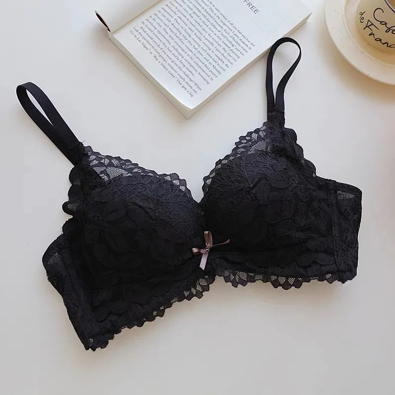 Japanese Style Lace Bra Set Women Small Bust Push Up Lift Adjustable Anti Sagging Side Support No Gap Wirefree Luxury Comfort AB