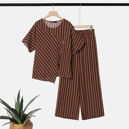 ZANZEA Stylish Summer 2 Pieces Sets Women Striped Tracksuit O Neck Short Sleeve Blouse Pants Sets Holiday Outfits Matching Sets
