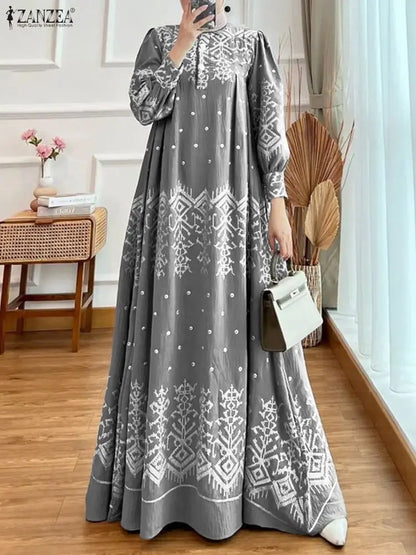 2026 ZANZEA Spring Floral Printed Dress Ramadan Muslim Abaya Dress Women O Neck Long Sleeve Sundress Islamic Robe Casual Kaftan