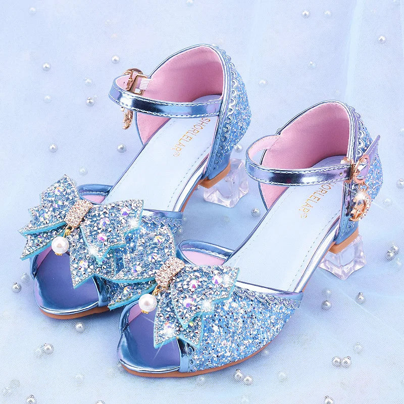 Children Princess Sandals Kids Girls Wedding Shoes High Heels Dress Shoes Bowtie Purple Pink Blue Silver Shoes For Girls