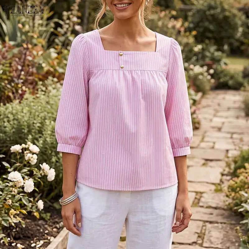 ZANZEA Women Striped Blouse Square Neck 3/4 Puff Sleeve Button Casual OL Work Party Tops Summer Autumn Blusas Oversize Tunic