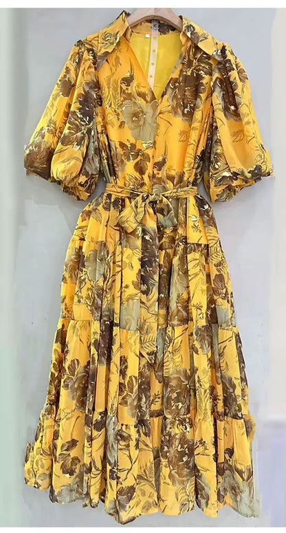 2026 Summer women's new lapel bubble short sleeve printing waist lace-up dress temperament French elegant swing holiday dress.