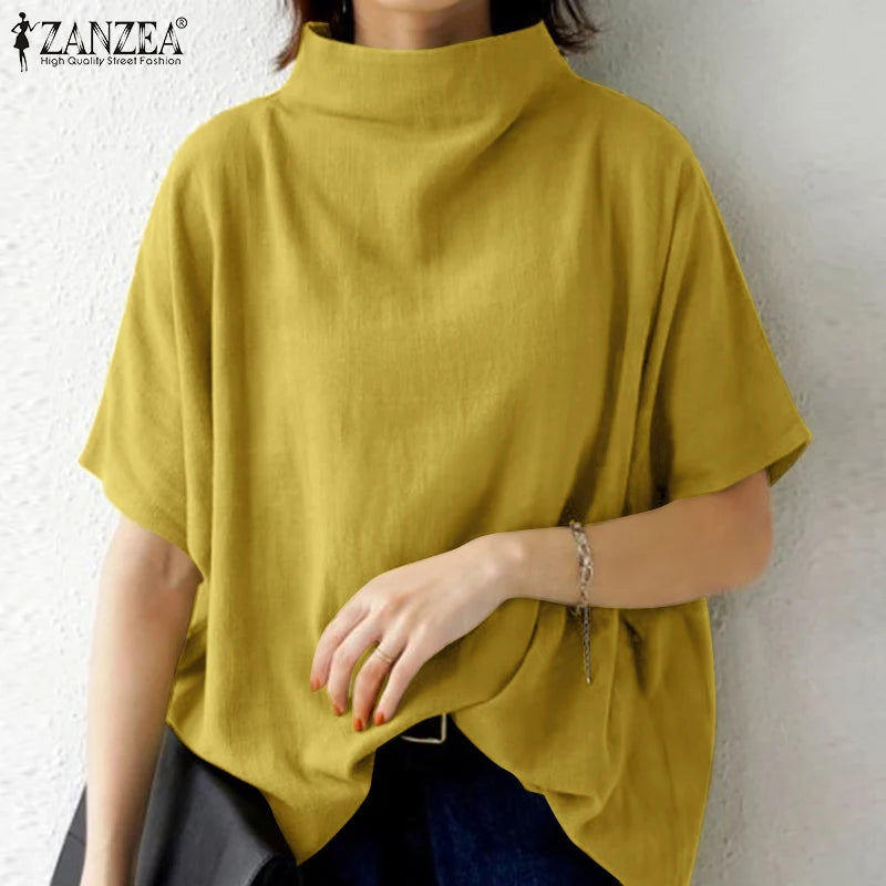ZANZEA Causal Pure Cotton Blouse Summer Women Solid  Turtleneck Short Sleeve Back Zipper Blusas Elegant Holiday Tops Oversized