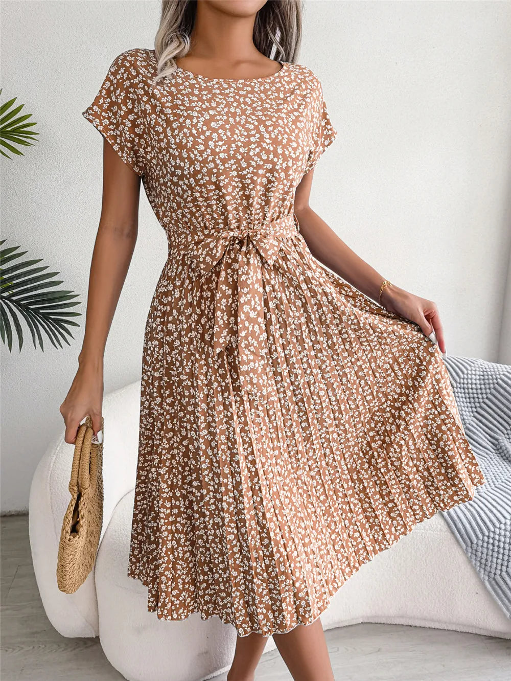 Ficusrong Fashion Floral Pleated A Line Long Dress Women Spring Summer Short Sleeve High Waist Chic Dress