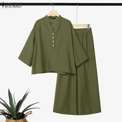 ZANZEA Women Casual Loose Pant Sets V-Neck Long Sleeve Blouse & Wide Leg Pant 2 Piece Matching Sets Autumn Daily Wear Co-ords