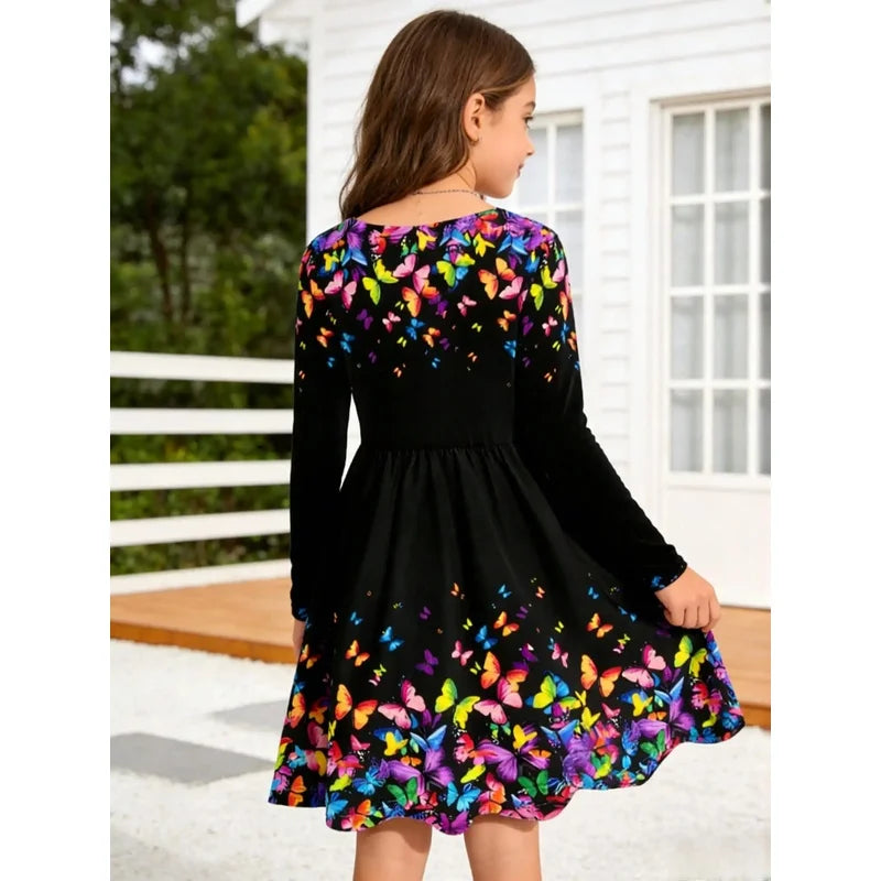 Black butterfly girl long sleeved dress, floral round neck all season casual fashion dress