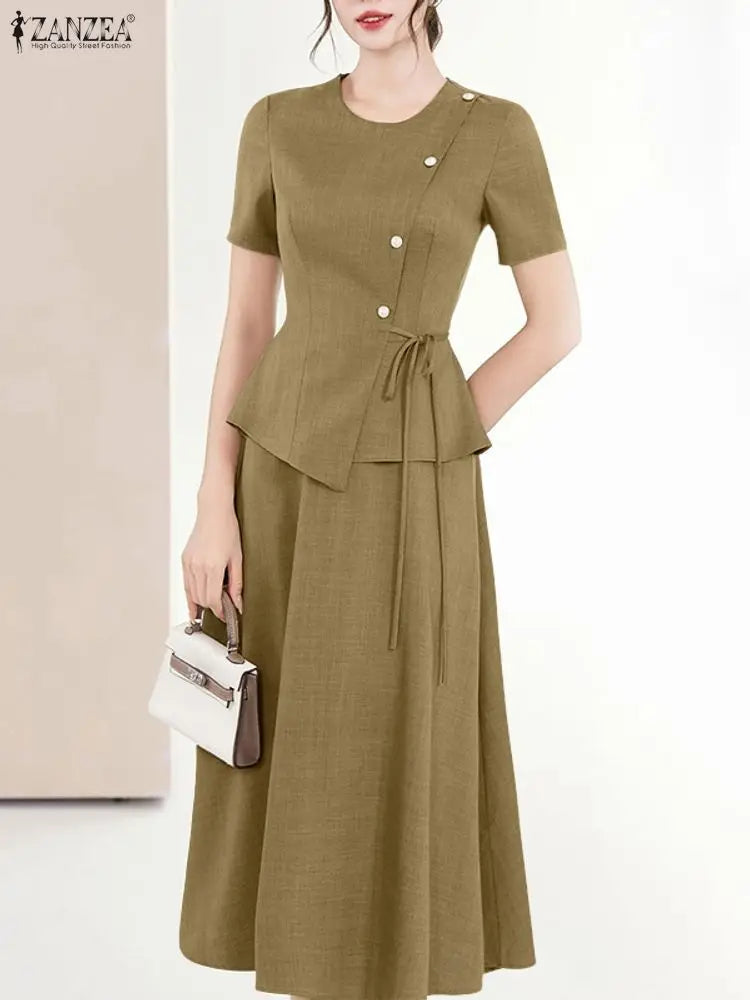 ZANZEA Elegant Chic Women 2 Pieces Skirt Sets Fashion Asymmetrical Hem Blouses and A-Line Midi Skirts 2pcs Suits Commute Outfits