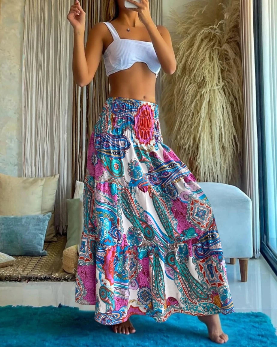 Womens Boho Floral Print Tiered Maxi Skirt High Waist Smocked Beach Long Skirt for Summer