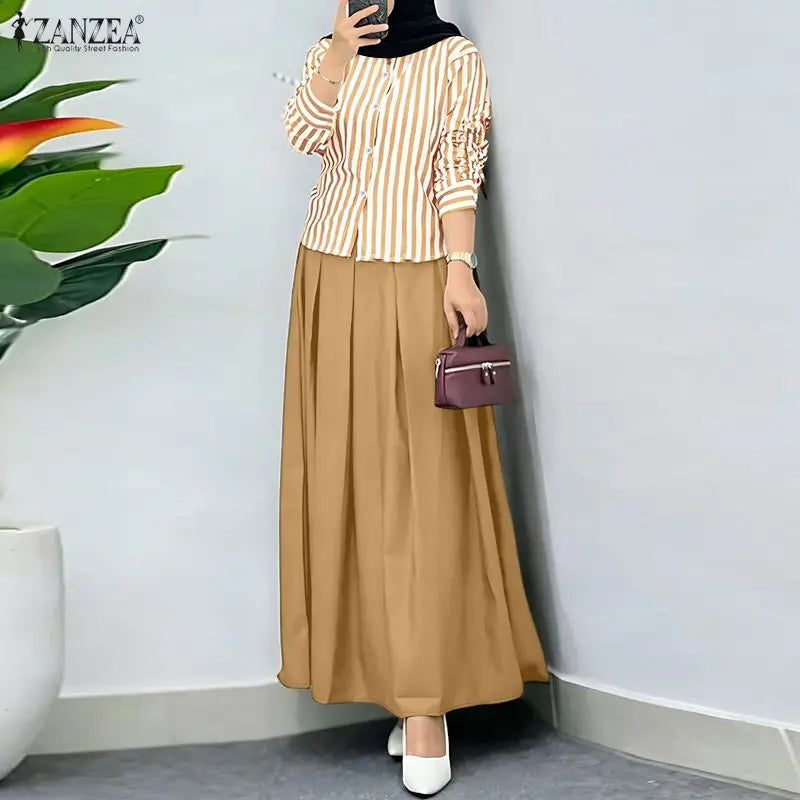 ZANZEA Women Muslim Matching Sets Modest Outfits Summer Long Sleeve Buttons -Up Striped Blouse Elastic Waist Pleated Skirt Suit