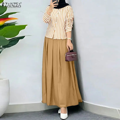 ZANZEA Women Muslim Matching Sets Modest Outfits Summer Long Sleeve Buttons -Up Striped Blouse Elastic Waist Pleated Skirt Suit