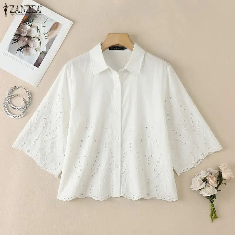 ZANZEA Women Openwork Embroidered Shirts Casual Turn-Down Collar 3/4 Sleeve Button Up Tops Summer Daily Streetwear Camisas Mujer