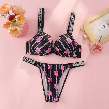 Victoria Secret Sexy Lingerie Set Very Sexy Logo Shine Strap Tropical Floral Push Up Bra Shine Script Thong Panty