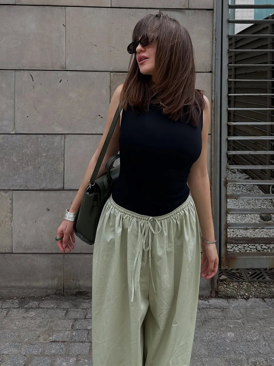 2026 Autumn Womens 100% Cotton Loose Lantern Style Wide Leg Pants Street Style Casual Lazy Pants Fashion Trousers Black