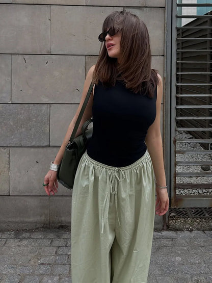 2026 Autumn Womens 100% Cotton Loose Lantern Style Wide Leg Pants Street Style Casual Lazy Pants Fashion Trousers Black