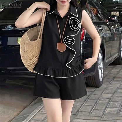 ZANZEA Women Summer 2-Piece Short Sets Fabric Flower Sleeveless Shirts & Elastic Waist Shorts Matching Sets Casual Daily Co-ords