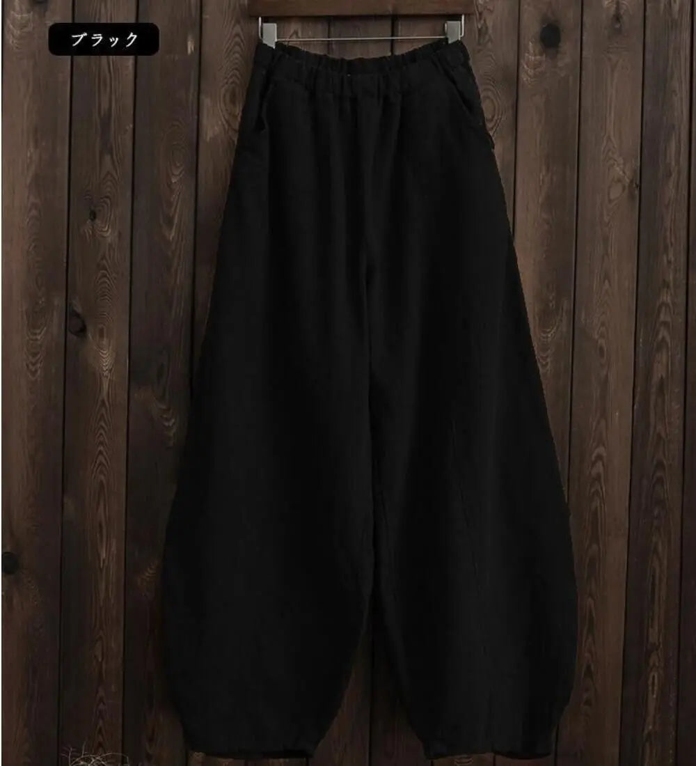 2024 Cotton Linen Bloomers Wide Leg Pants Women Vintage Full Length Fashion Elegent Pants Solid Elasitic Waist Spring Autumn 5XL