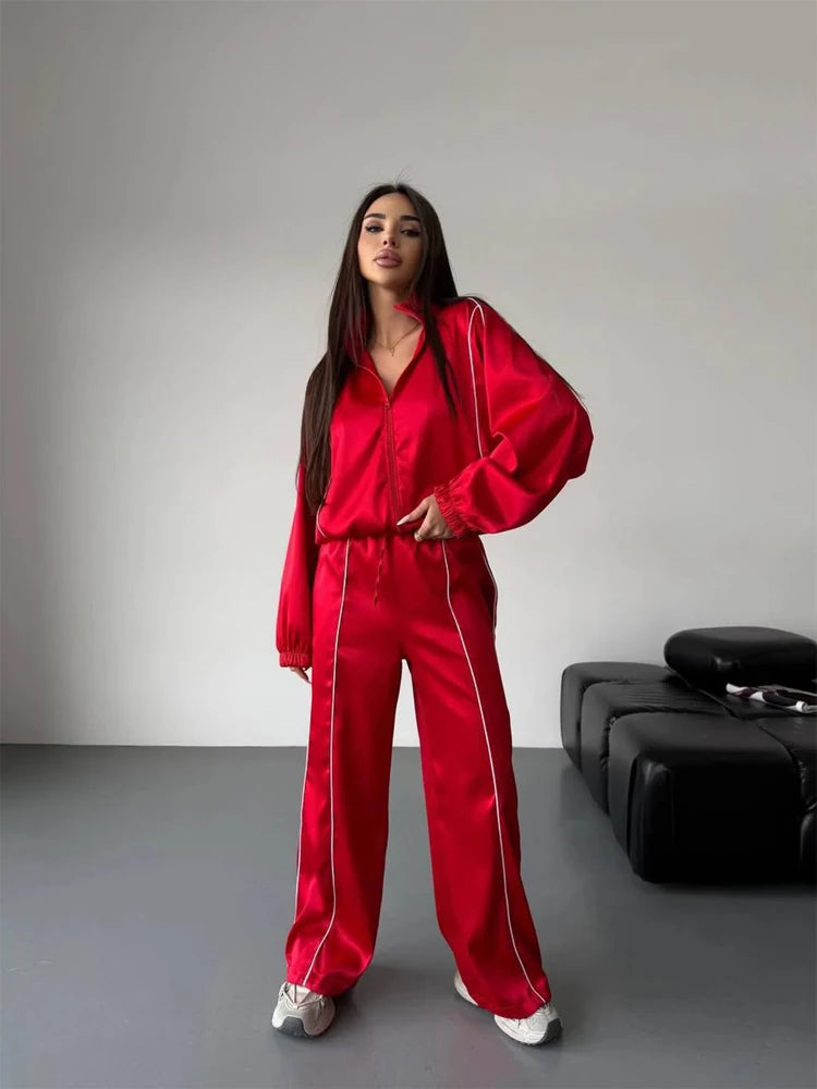 Satin Tracksuit Zip-up Set Long Sleeve Women's Jacket Wide Leg Pants Summer Lady Fashion Casual Daily Street Sportswear 2026 New