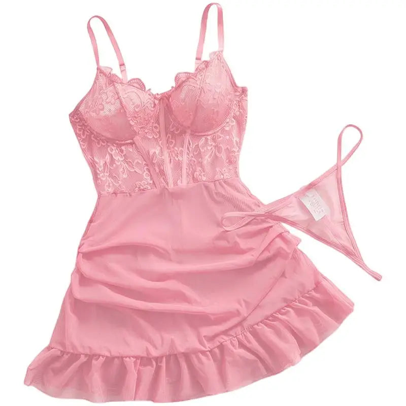 Hot Sexy Lace Splicing Dress Women Lingerie See Through Nightdress Solid Slim Soft V Neck Corset Push Up Bra Underwear Thong Set