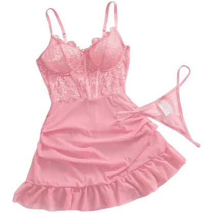 Hot Sexy Lace Splicing Dress Women Lingerie See Through Nightdress Solid Slim Soft V Neck Corset Push Up Bra Underwear Thong Set