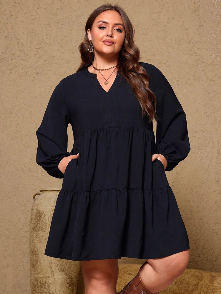 Plus Size Women Black Tiered Mini Dress Split V Neck Lantern Long Sleeve Loose Casual Tunic Dresses With Pockets Soft Flowy Plus