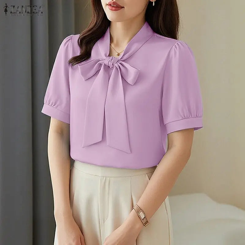 ZANZEA Woman Elegant Minimalist Blouses Bow Tie Neck Half Puff Sleeve Solid Color Tops 2026 Summer Casual Day Blusas de Mujer
