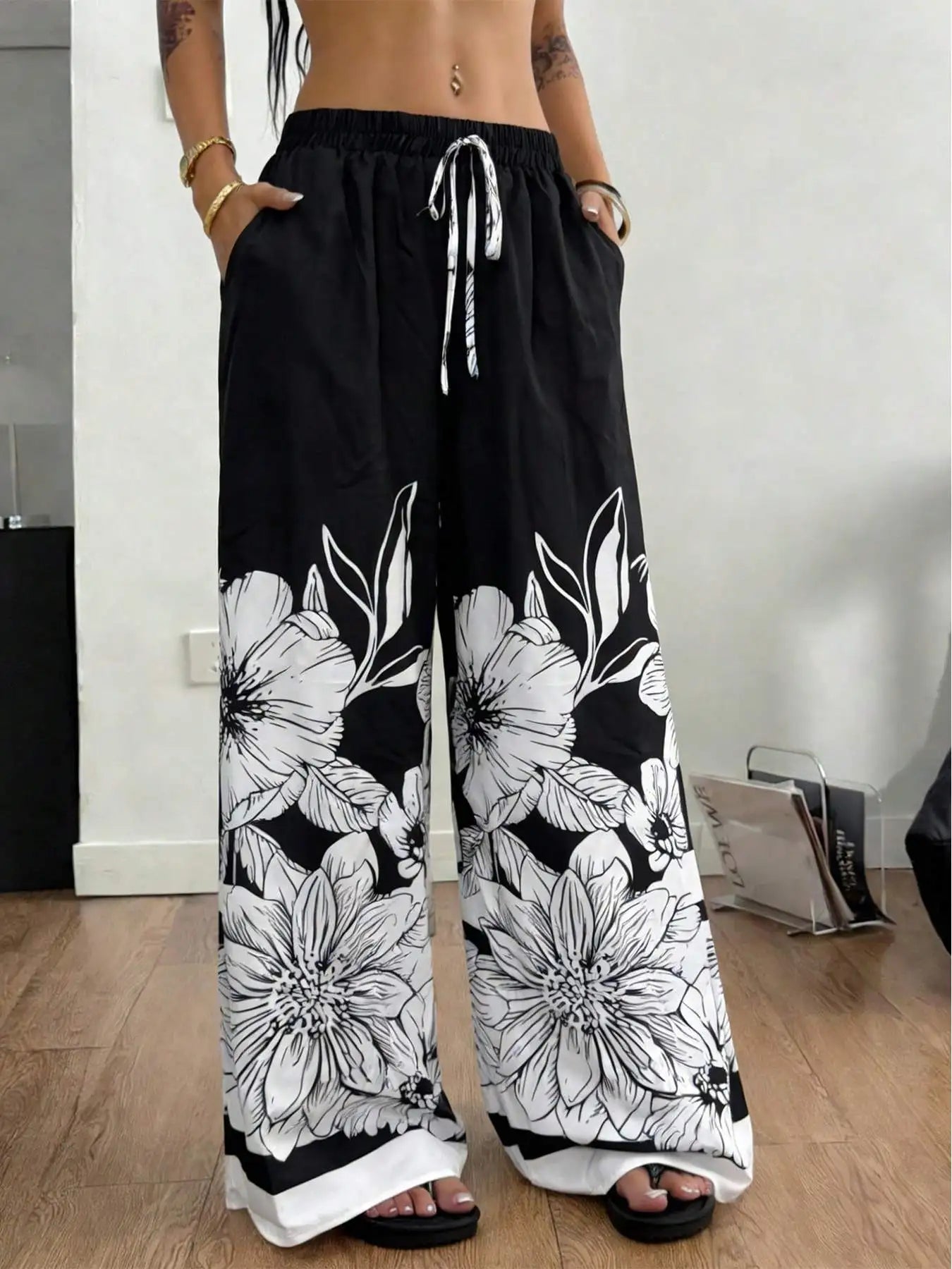 Large-Sized Printed Pants, Casual Tie Waist Wide-Leg Pants, Spring and Summer, Large-Sized Women's Clothing