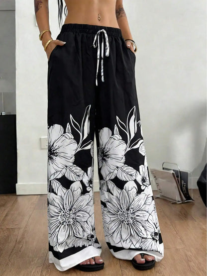 Large-Sized Printed Pants, Casual Tie Waist Wide-Leg Pants, Spring and Summer, Large-Sized Women's Clothing