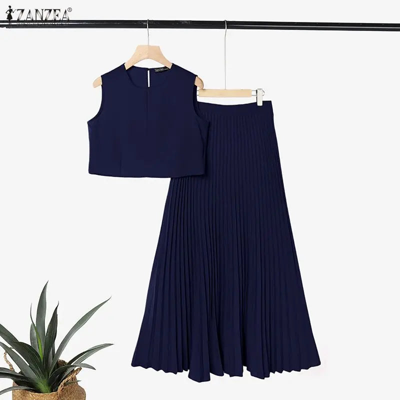 ZANZEA Elegant Thin Women Dress Sets Solid Color Summer 2PCS Two-piece Outfits Sleeveless Tops Blouse Pleated Long Skirt OL Work
