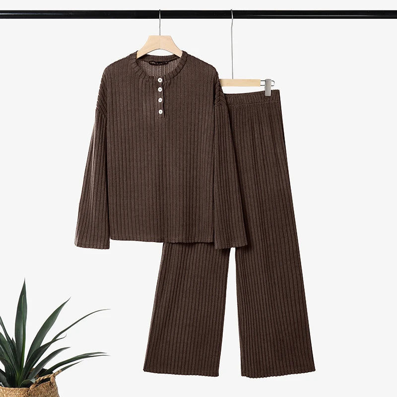 ZANZEA Women Ribbed Knit Pant Sets O-Neck Long Sleeve T-Shirt & Elastic Waist Pant 2 Piece Matching Sets Autumn Casual Co-ords