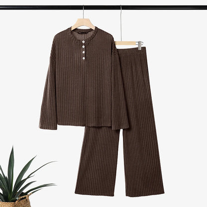 ZANZEA Women Ribbed Knit Pant Sets O-Neck Long Sleeve T-Shirt & Elastic Waist Pant 2 Piece Matching Sets Autumn Casual Co-ords