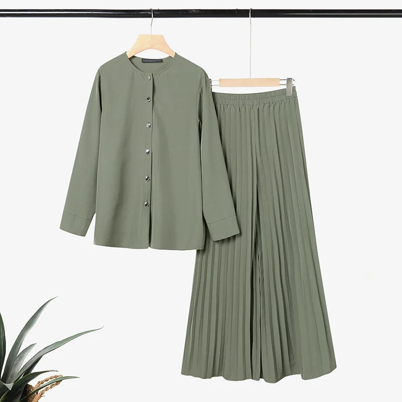 ZANZEA Women Muslim 2 Pieces Sets Casual O Neck Long Sleeve Buttons Up Blouse Wide Leg Pleated Pants Sets Ramadan Hijab Outfits