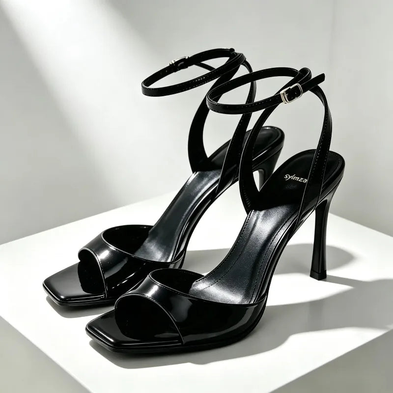 Black Patent Leather Ankle Strap Buckle Heeled Sandals Women Sexy Square Open Toe High Heels Summer Elegant Party Office Shoes