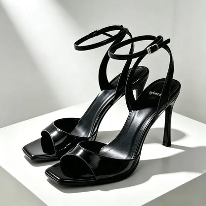 Black Patent Leather Ankle Strap Buckle Heeled Sandals Women Sexy Square Open Toe High Heels Summer Elegant Party Office Shoes