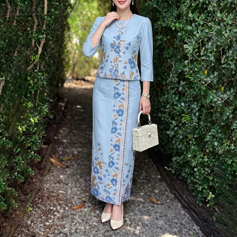 ZANZEA Autumn Outfits Dress Sets Floral Print Elegant 3/4 Sleeve Buttons Up Tops With A Line Skirt Two Piece Sets Oversize