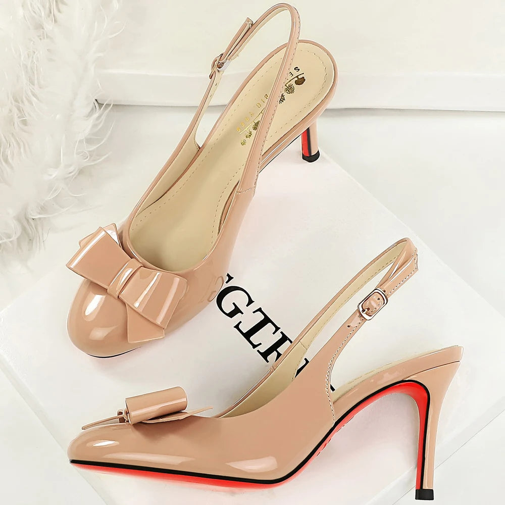 BIGTREE Shoes Round-toe Women Pumps Patent Leather High Heels Bowknot Women Heels Stiletto 8 cm Buckle High-heeled Sandals Lady