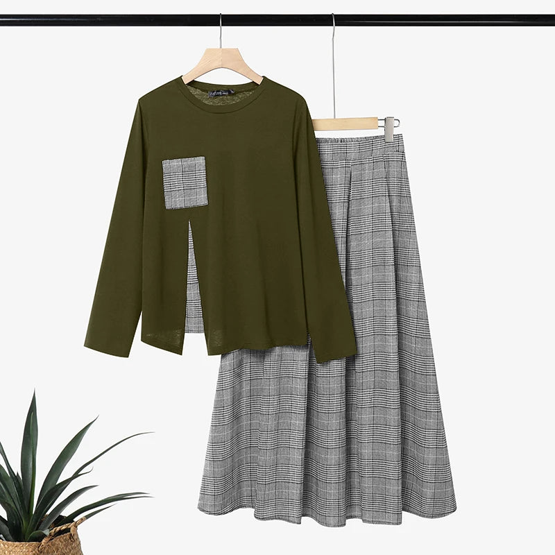ZANZEA Women Plaid Patchwok Outfits Muslim 2 Pieces Sets Casual O Neck Long Sleeve Blouse A Line Maxi Skirt Suit Matching Sets