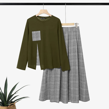 ZANZEA Women Plaid Patchwok Outfits Muslim 2 Pieces Sets Casual O Neck Long Sleeve Blouse A Line Maxi Skirt Suit Matching Sets