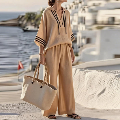 Summer Striped Printed 3/4 Sleeve Hoodies Shirt High Waist Wide Leg Pants Suit Women Casual Loose Two Piece Set Female Tracksuit
