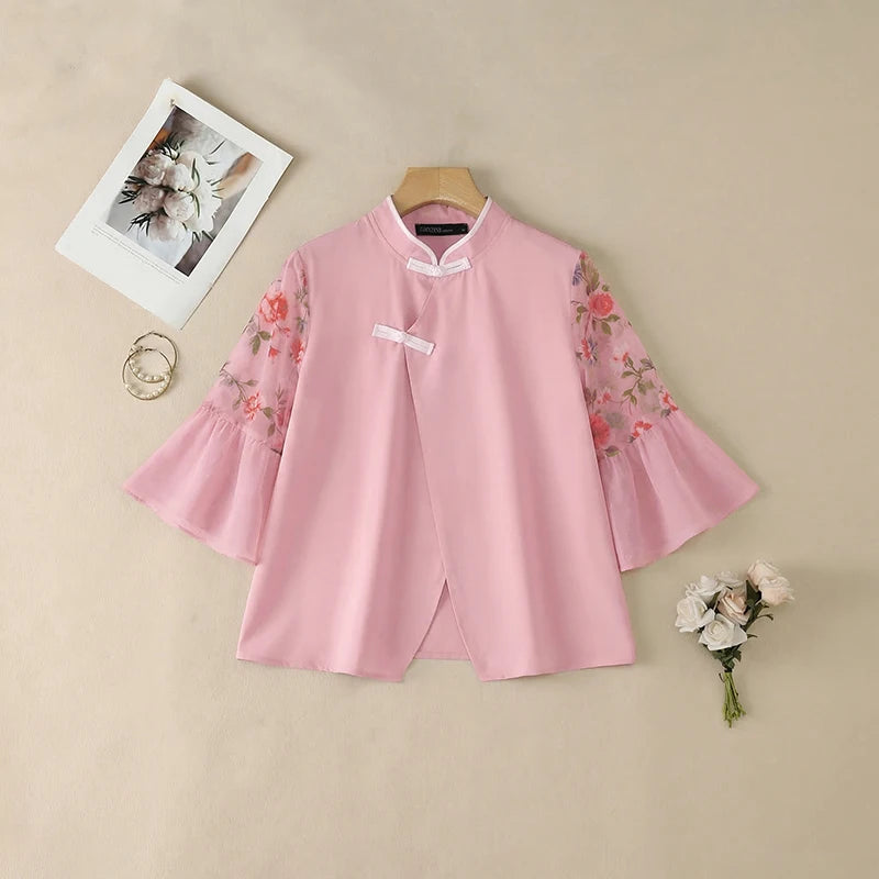 ZANZEA Chinese Style Woman Floral Chiffon Patchwork Sleeves Blouses Mandarin Collar Vintage Tops Summer Elegant Daily Wear Blusa